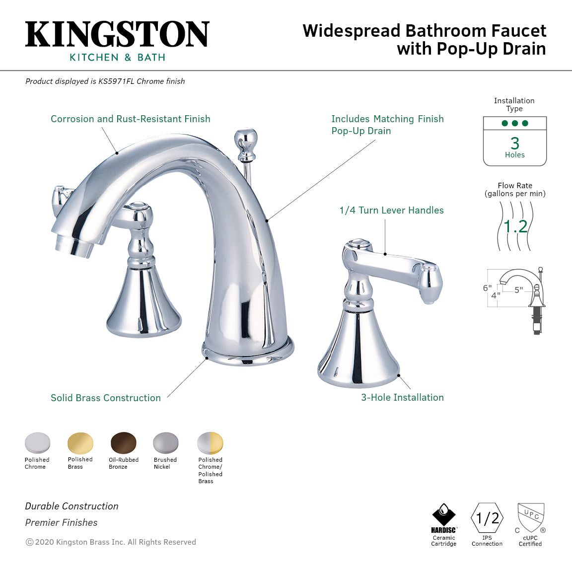 Kingston Tulare KS5974FL - Royale Two-Handle 3-Hole Deck Mount Widespread Bathroom Faucet with Brass Pop-Up, Polished Chrome/Polished Brass — thumbnail 2